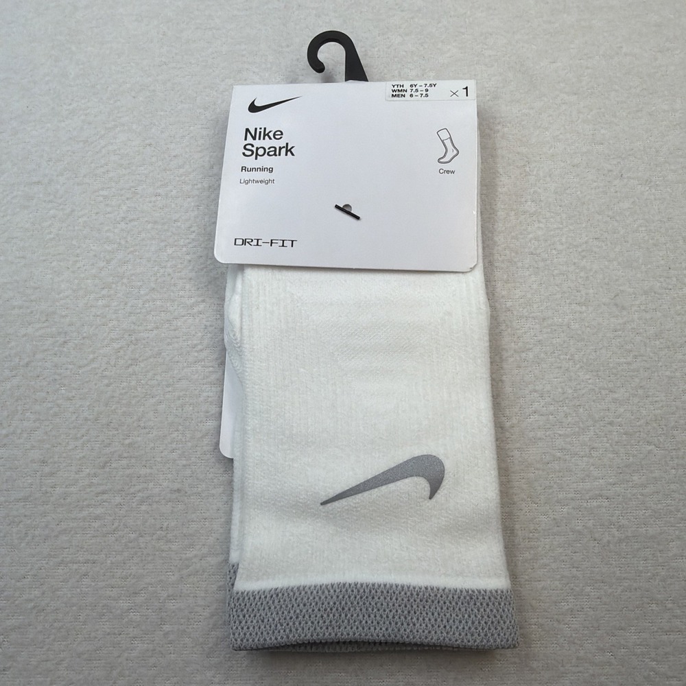 Nike Spark Crew Running Socks White Gray Lightweight NWT Womens Size 7.5-9